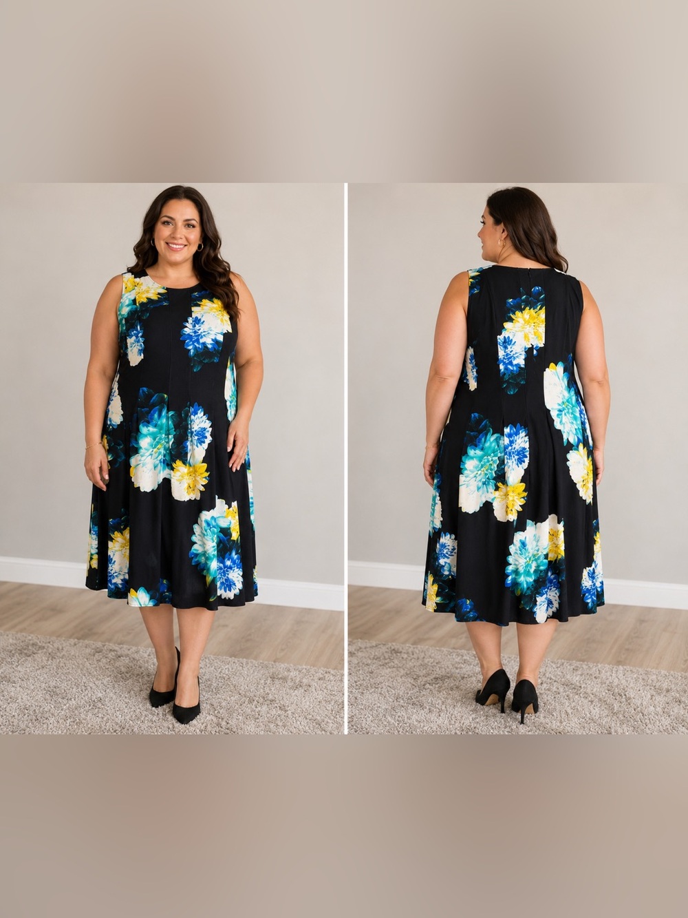Calvin Klein Black Floral Midi Dress with Blue, Teal & Yellow Blooms